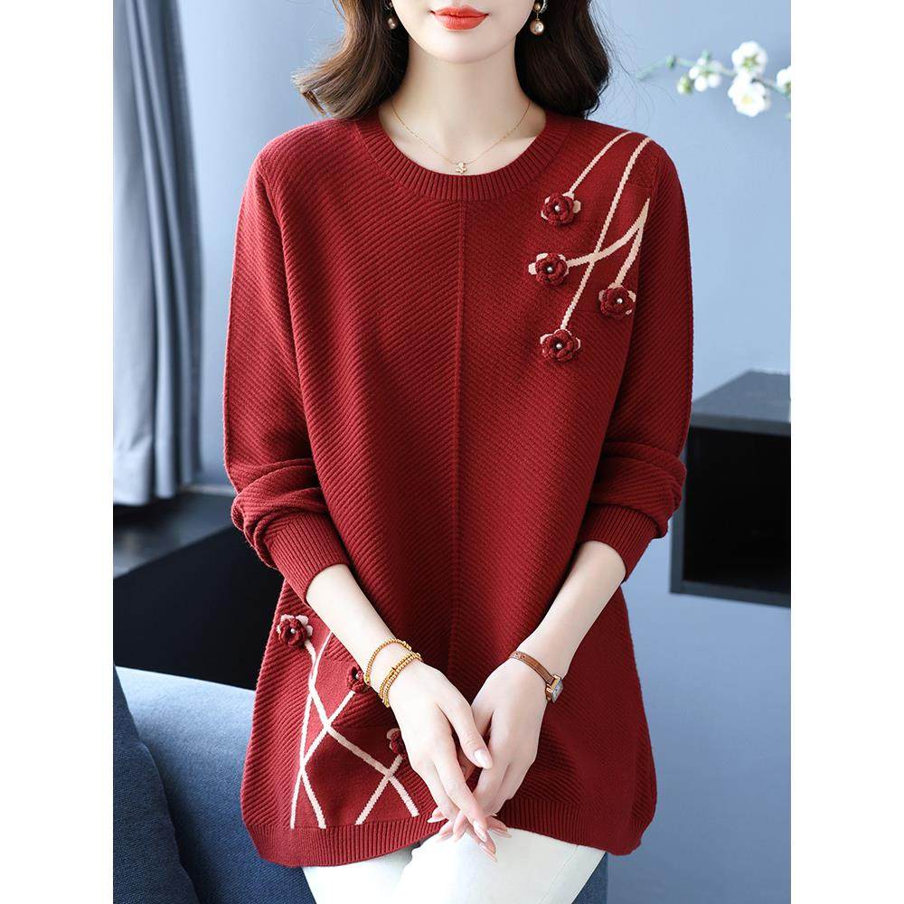 胖妈妈秋冬新款中长款毛衣洋气加大码针织衫女宽松遮肚时尚羊毛衫