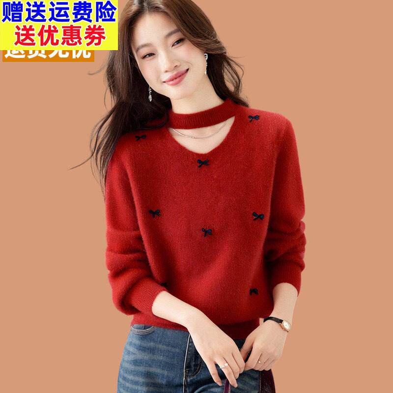 绝美巨好看红色毛衣女款2026新款爆款蝴蝶结设计感挂脖羊毛打底衫