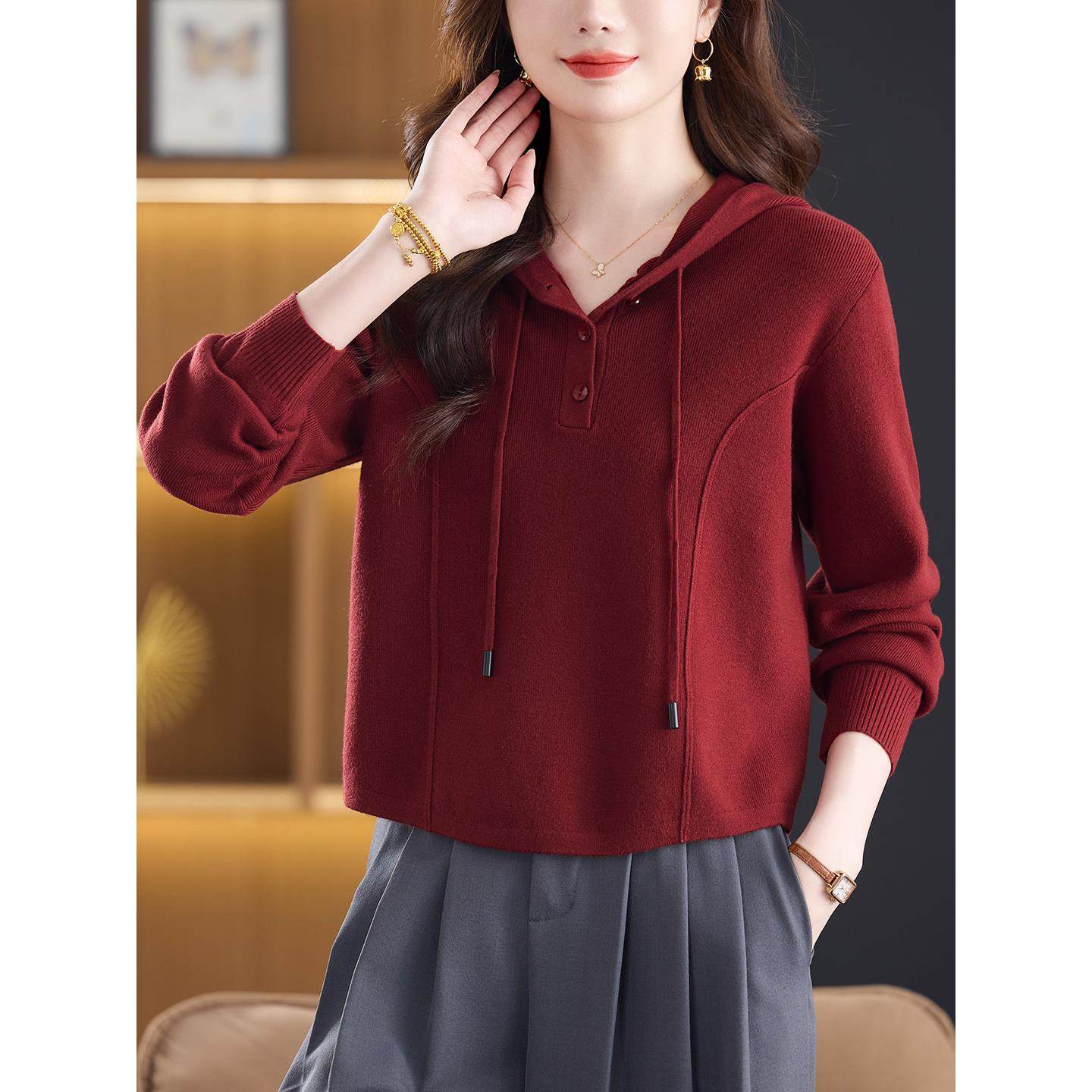 女士连帽针织衫卫衣秋装2025新款春秋小个子妈妈时尚洋气打底上衣