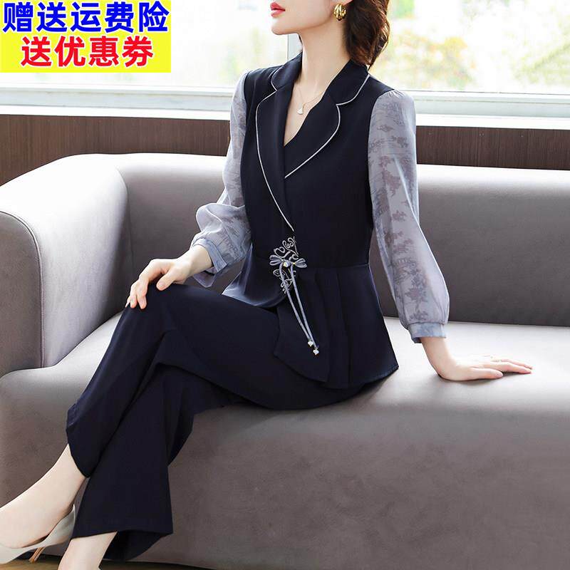 2026新款妈妈春夏套装洋派母亲节休闲两件式中老年贵夫人雪纺上衣
