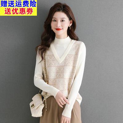 秋冬新款时尚假两件针织半高领毛衣女短款宽松显瘦内搭羊毛打底衫