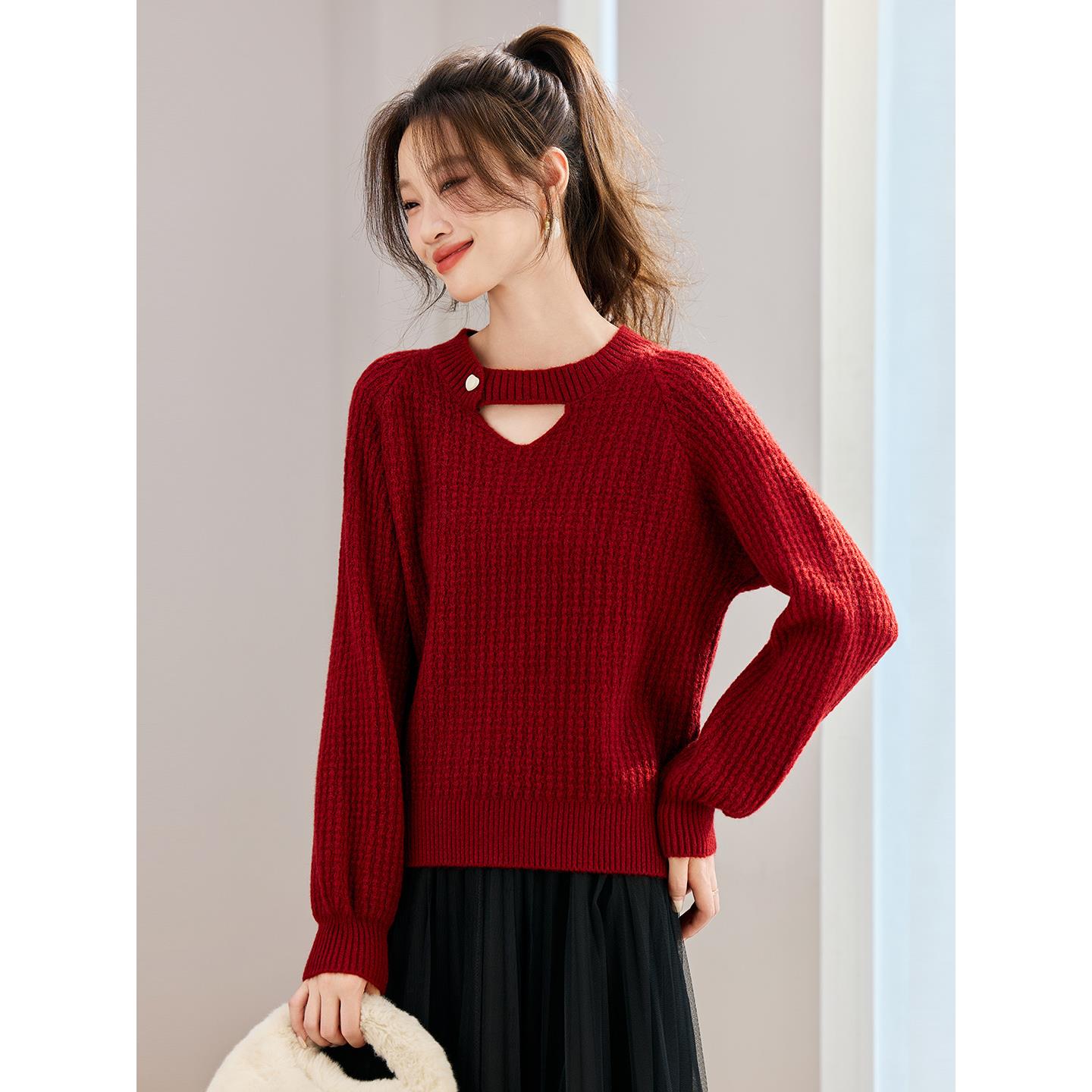 秋冬新款时尚毛衣女短款宽松超好看红色软糯木耳边外穿内搭针织衫