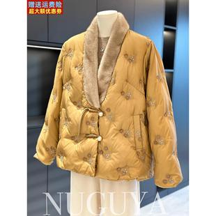 新中式国风妈妈装拼接羽绒服外套冬装新款上衣刺绣中老年毛领棉袄