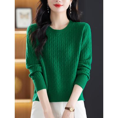 绿色圆领短款毛衣女小个子秋冬新款宽松麻花洋气打底衫针织羊毛衫