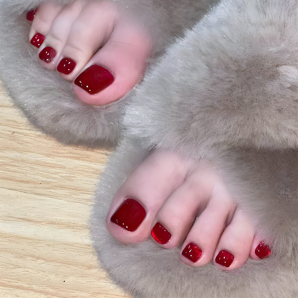 脚趾美甲夏季新款ins风纯色酒红轻奢风美甲甲片脚指甲猫眼穿戴甲