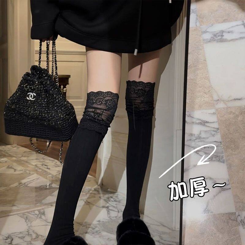 蕾丝高颜值花边过膝长筒袜女秋冬新款竖纹显瘦纯欲风jk日系潮流