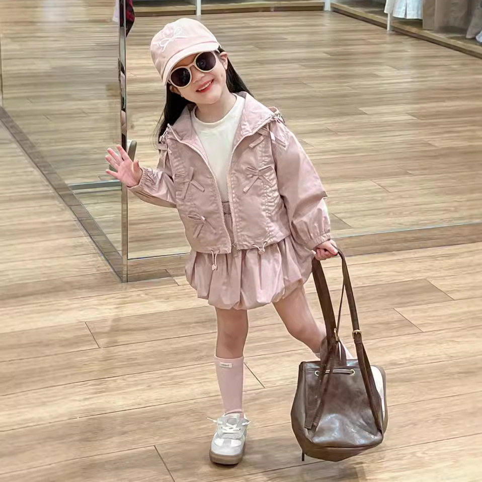 韩版女童休闲套装2024秋款粉色蝴蝶结连帽拉链开衫花苞短裙两件套