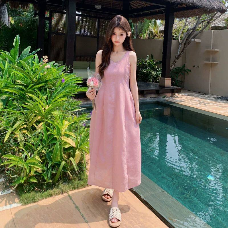 木夕儿女装2026夏季新款法式甜美粉色无袖背心连衣裙