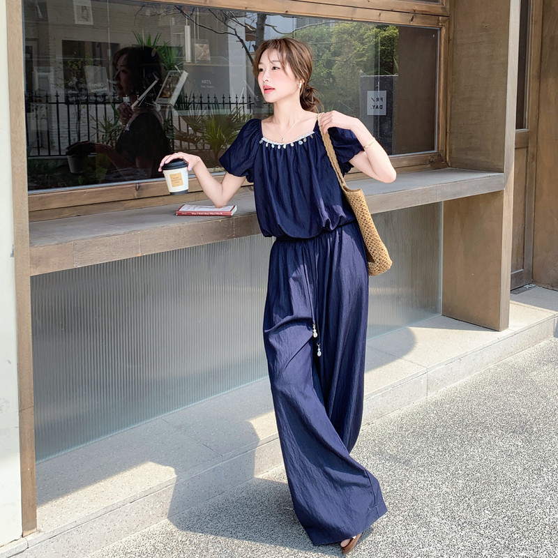 木夕儿女装2026夏新款韩系温柔贝壳装饰一字肩短袖两件套