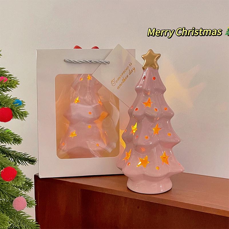 圣诞节礼物粉色星星陶瓷圣诞树小夜灯卧室桌面装饰摆件女生生日