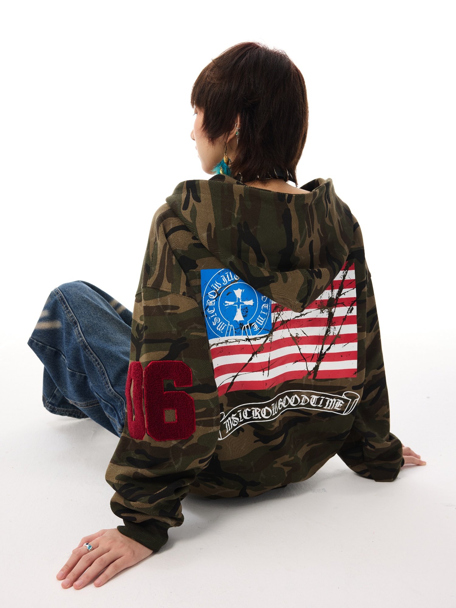 Soyy American Street Style Towel Embroidery Trendy Brand Hooded Sweatshirt for Men and Women, Hip-Hop Loose European and American Flag Camouflage Jacket Trendy