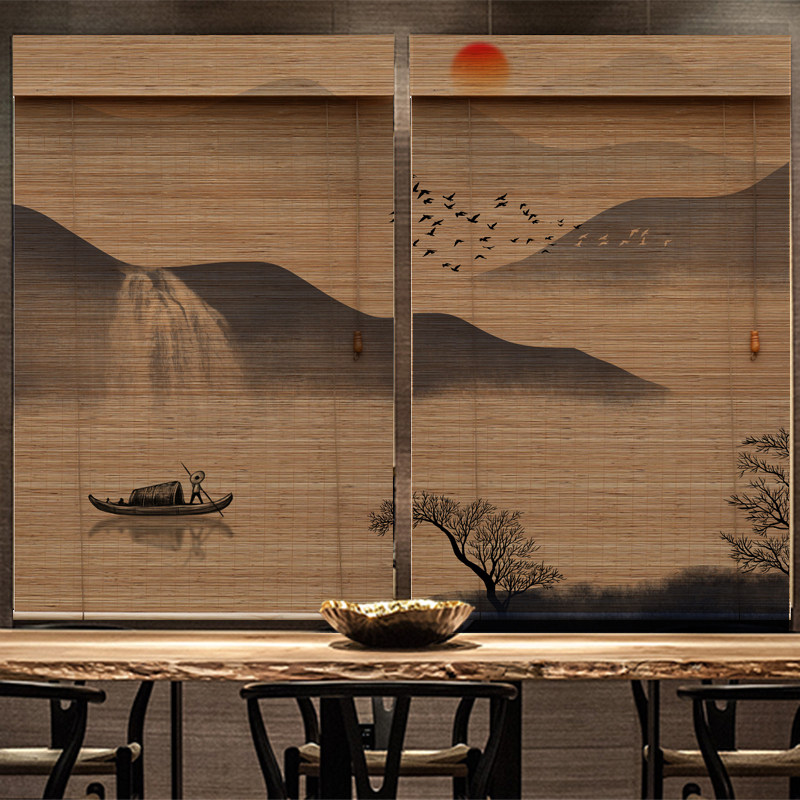 碳化竹帘卷帘窗帘禅意复古玄关背景隔断中日式茶室意境装饰画帘子