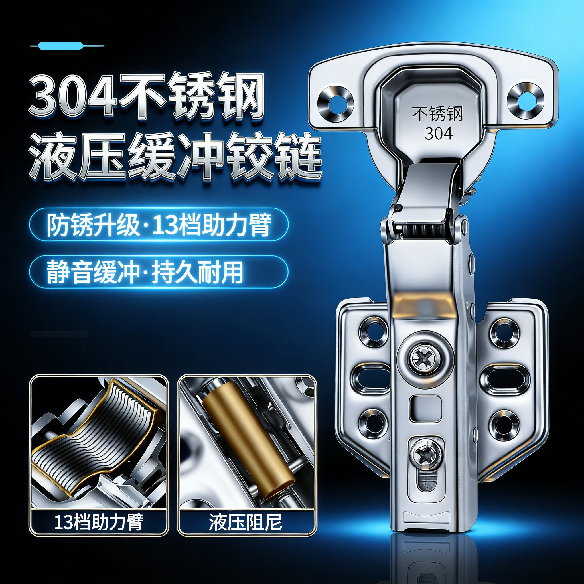 铰链加厚不锈钢液压缓冲橱柜门五金折叠中弯半盖弹簧阻尼飞机合页
