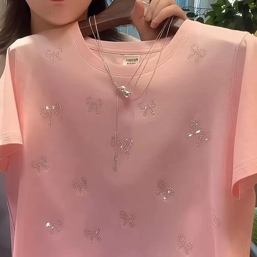 重工闪钻小马图案圆领短袖女 温柔浅色宽松正肩T恤 夏季百搭上衣