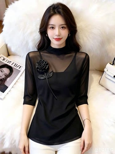 高级感系带短袖女t恤夏季新款玫瑰洋气独特别致设计感网纱上衣女
