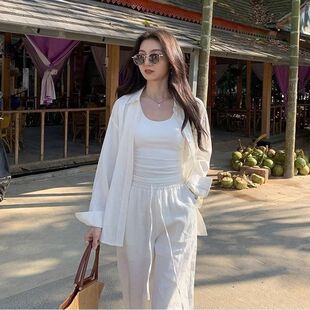 老钱风亚麻衬衫女2026新款夏棉麻阔腿裤防晒二件套休闲裤衬衣套装