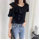 新款 女短袖 时尚 衬衫 T恤 不规则条纹荷叶边露肩上衣飞飞袖 2025夏装