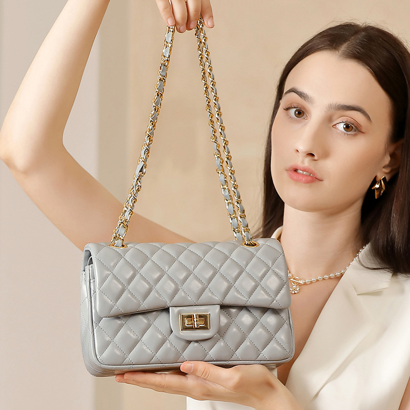 头层牛皮腋下包女式菱格单肩包