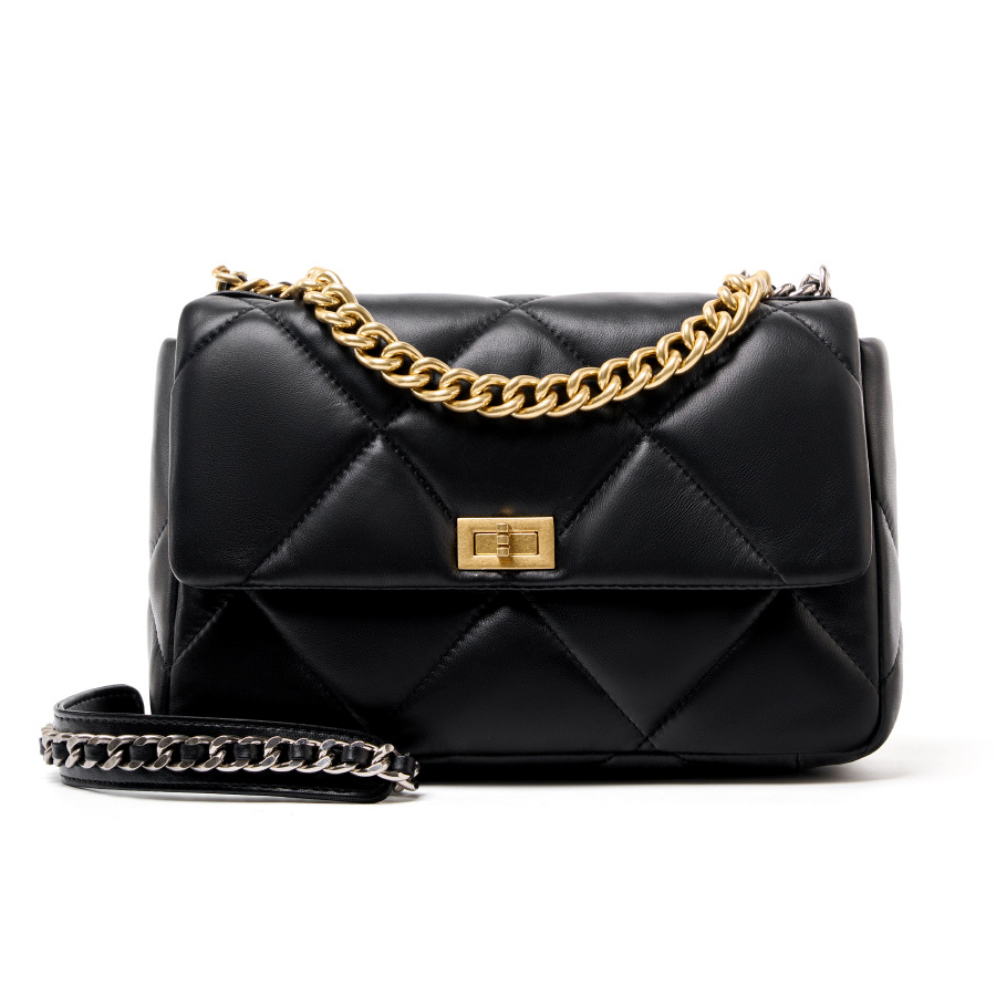 真皮单肩包女士斜跨包链条菱格包