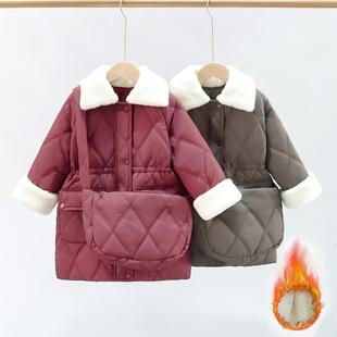 湖州织里2025女童中长款棉衣女孩加绒外套加厚棉袄中大童安哥拉红