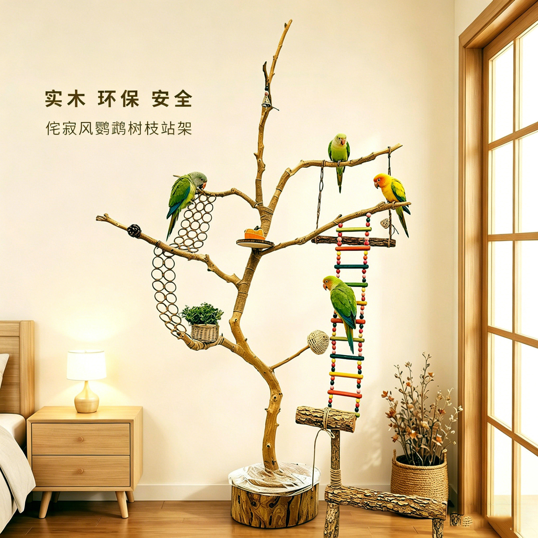 天然树枝鹦鹉鸟架落地实木宠物用品装饰站架家居侘寂风原木树杈