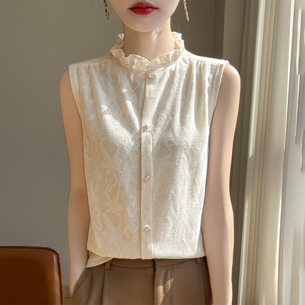 夏季法式甜美风花边领背心女士无袖内搭打底衫高级感镂空上衣宽松