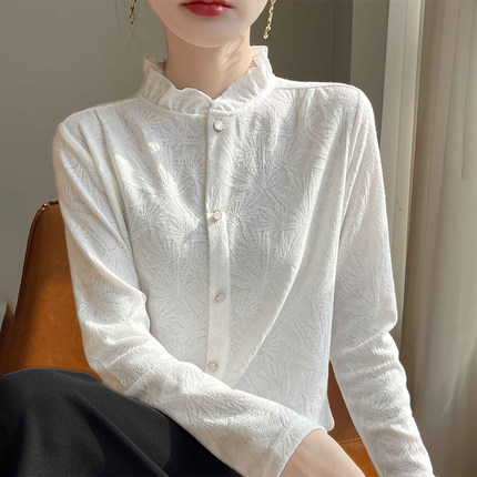 夏季法式淑女风立领木耳边衬衫女长袖提花打底衫通勤上衣宽松纽扣