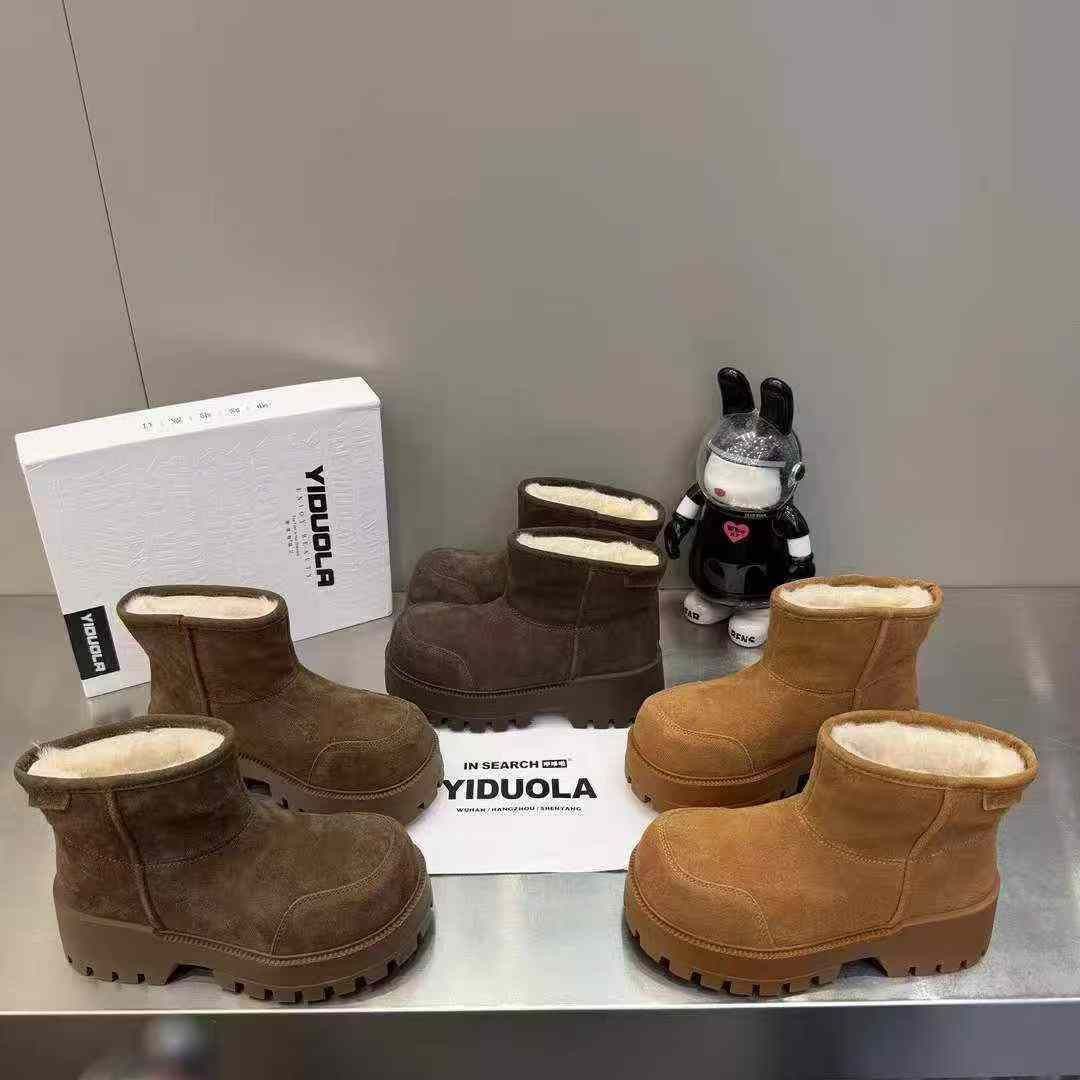2025新款真皮厚底雪地靴女冬季加绒保暖短靴牛皮小个子增高棉靴子