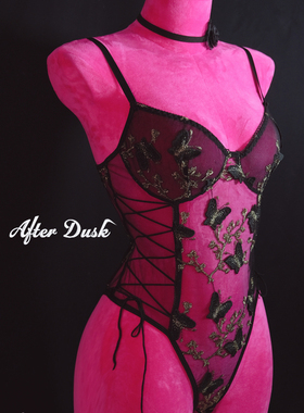 【清货】玉蝴蝶 刺绣连体衣女性感蝴蝶内衣外穿睡衣透明内搭弹力1