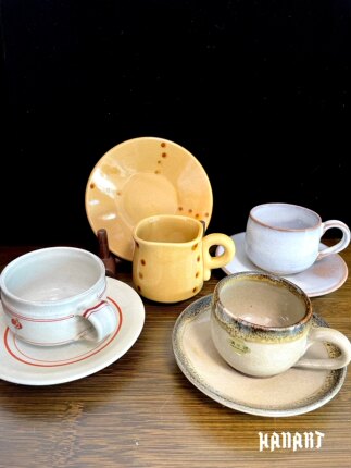 日本进口陶艺家手作粗陶中古咖啡杯碟茶杯萩烧清水烧侘寂日式茶道