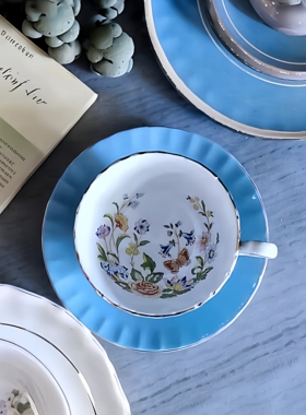 英国产皇室骨瓷Aynsley安斯丽咖啡杯 蓝色复古下午茶红茶杯碟欧式