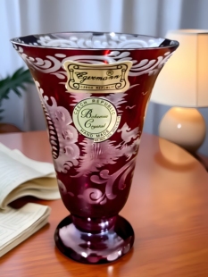 捷克Bohemia crystal波西米亚手工切割蚀刻红宝石古董水晶花瓶