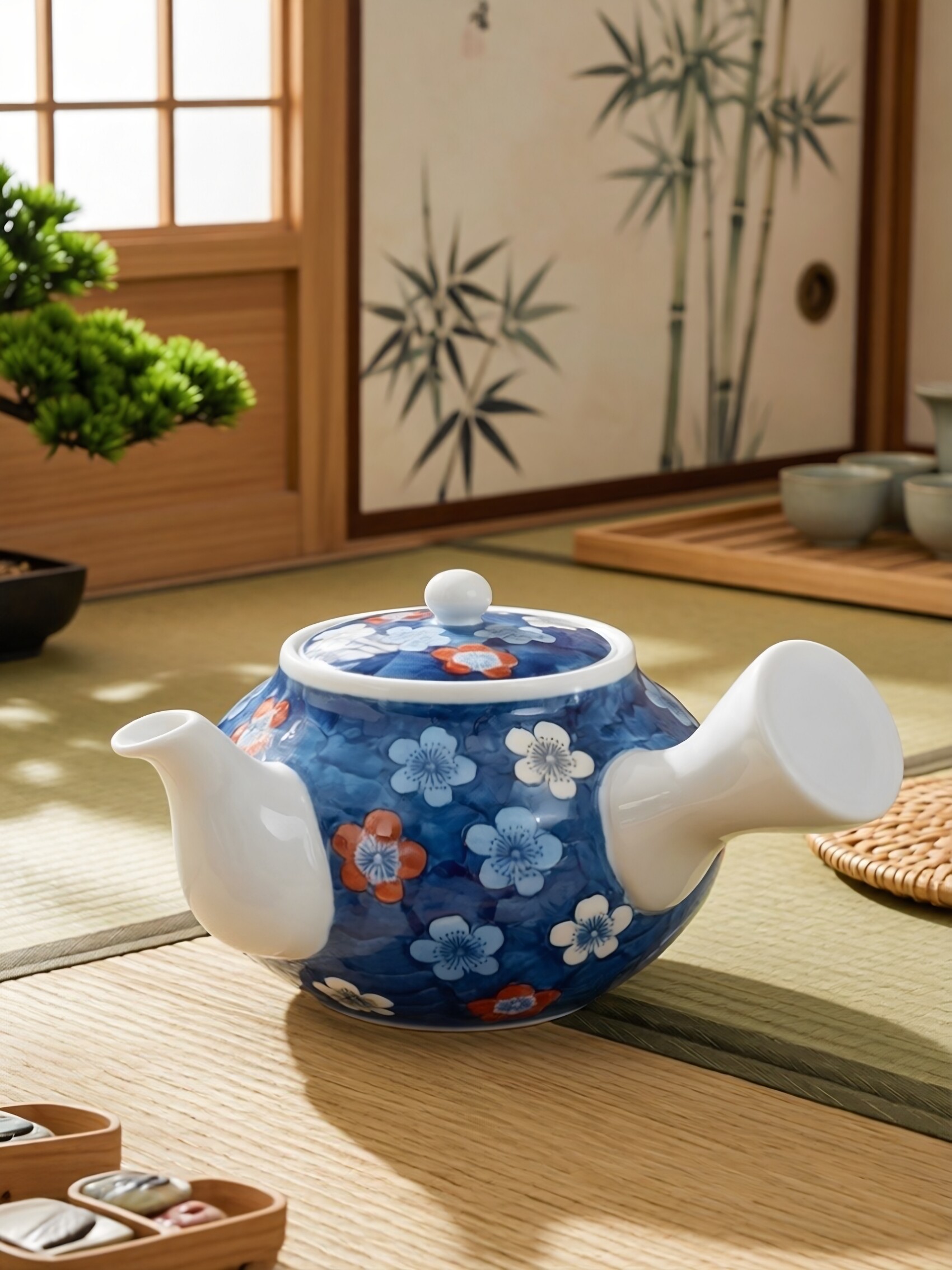 日本有田烧茶壶色绘陶瓷锅岛手绘樱花侧把壶横手壶日式茶具