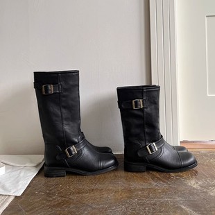 牛皮版fever同款howus小众皮带扣真皮宽中筒显瘦长筒骑士机车短靴