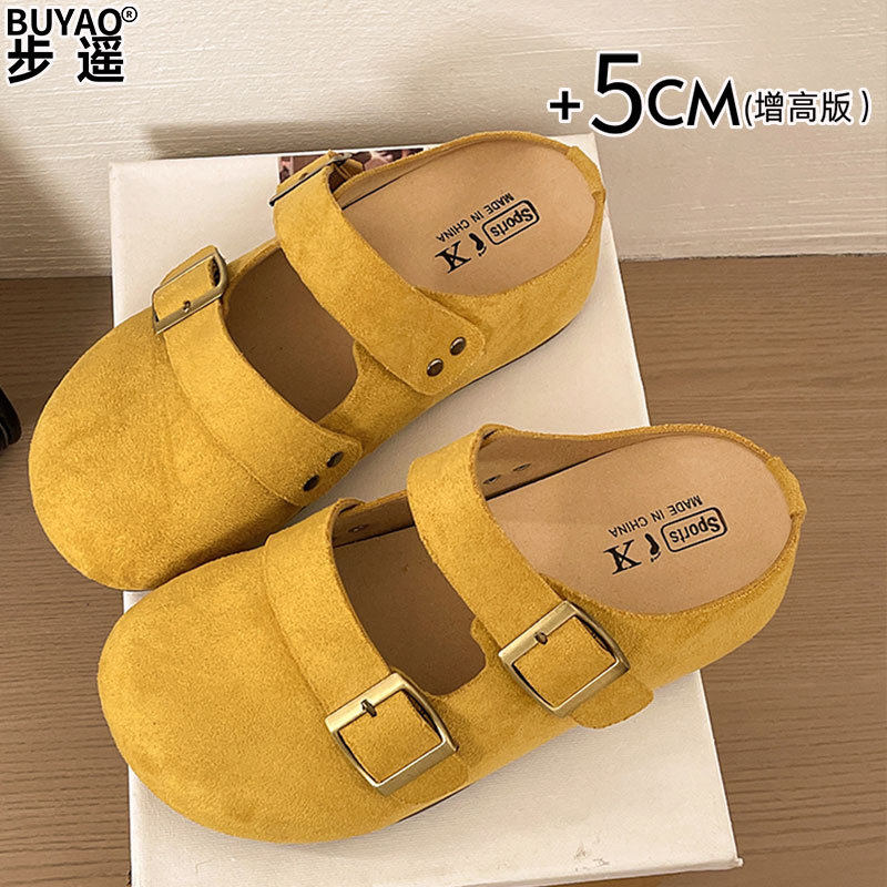 磨砂牛皮内增高勃肯鞋女鞋包头半拖鞋外穿配裙子厚底一脚蹬单鞋子