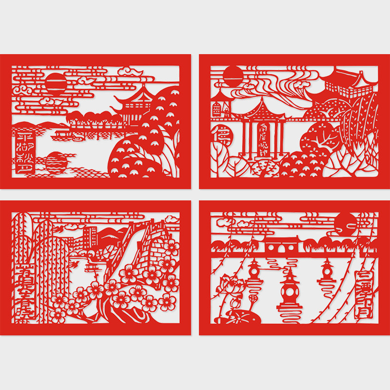 杭州十景剪纸风景窗花pvc玻璃贴大红镂空西湖宣纸刻纸山水建筑