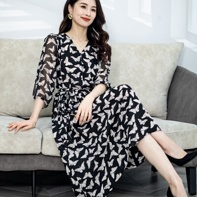 2025新款春夏季真丝碎花连衣裙