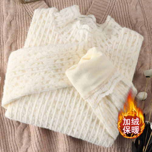 立领蕾丝打底衫加绒加厚针织衫女