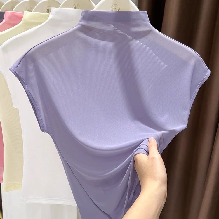 速干半高领冰丝打底衫网纱无袖t恤女夏新款背心内搭薄款网衫上衣