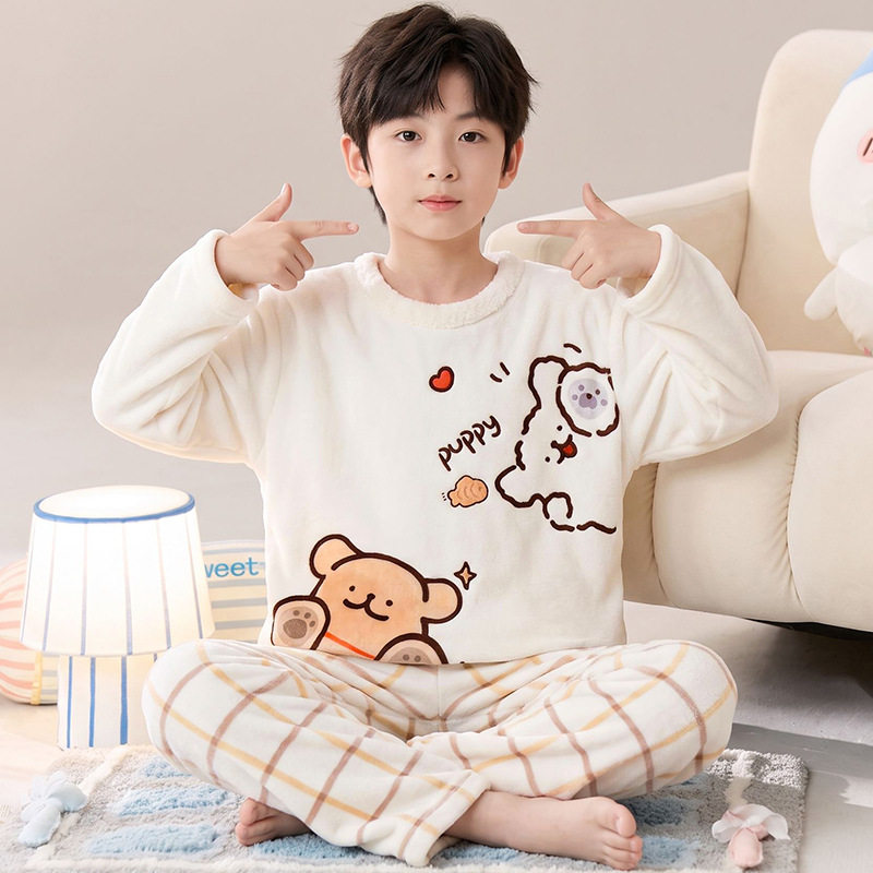 男童秋冬珊瑚绒保暖家居服套装