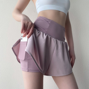高腰瑜伽运动短裤女外穿收腹防走光口袋速干宽松假两件健身瑜伽裤