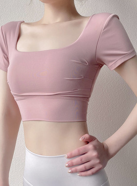 新款瑜伽短袖背心带胸垫性感美背健身服短款速干上衣防震运动背心