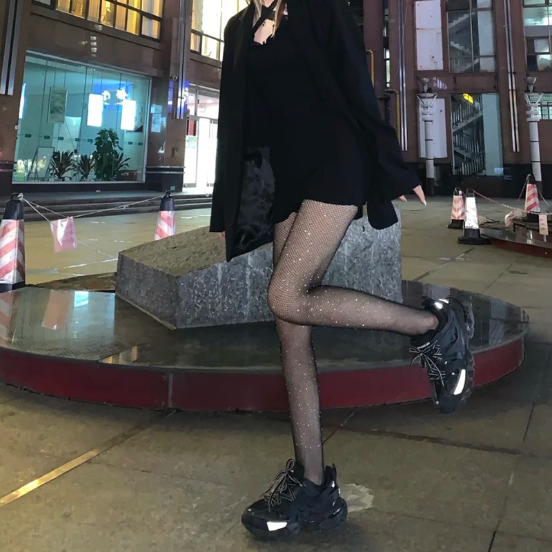 夜店闪钻渔网丝袜 女款带钻光腿神器 薄款烫钻连裤袜 辣妹风格黑