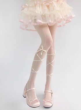 lolita白色丝袜女薄款纯欲jk打底袜子芭蕾风复古蕾丝绑带连裤袜子