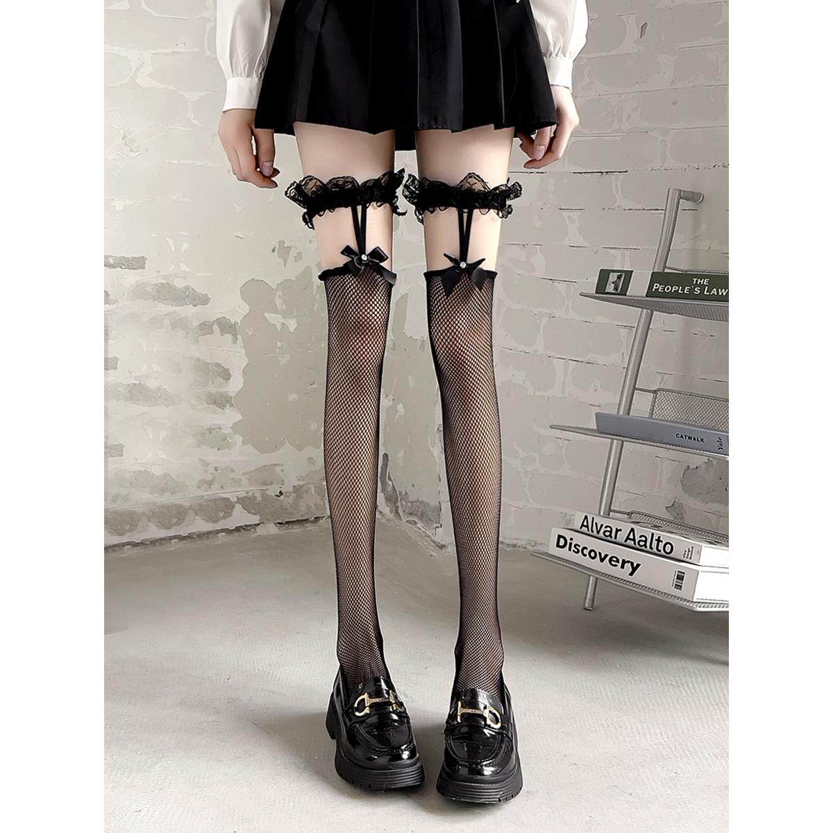 蕾吊带蝴蝶结黑长袜子女长筒袜过膝性感纯欲黑色到大腿渔网袜,女士内衣/男士内衣/家居服,长筒袜,淘宝优惠券,粉丝福利购,淘宝优惠卷