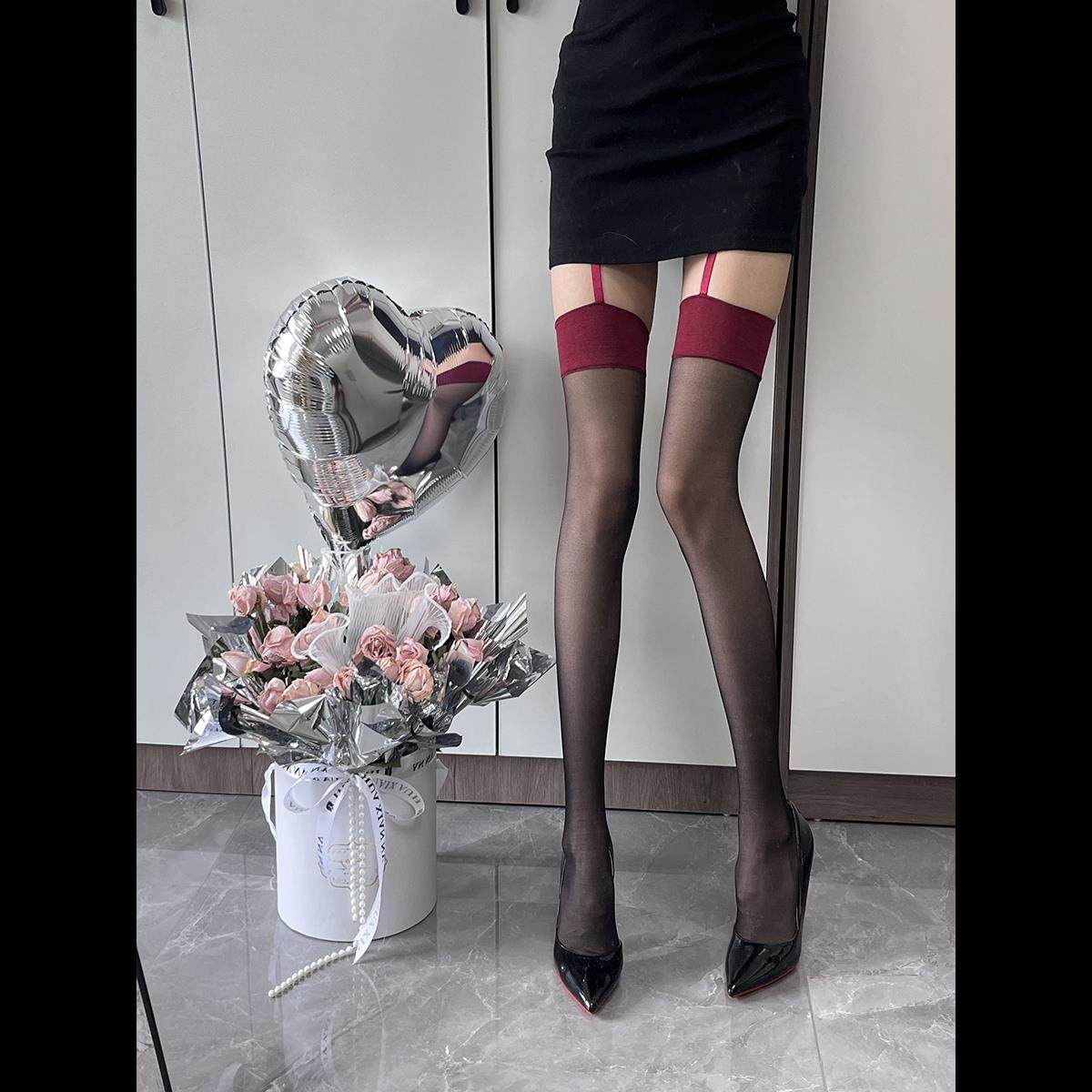 性感jk红边过膝黑色丝袜美腿塑形网红同款辣妹吊带一体丝袜女薄款,女士内衣/男士内衣/家居服,长筒袜,淘宝优惠券,粉丝福利购,淘宝优惠卷