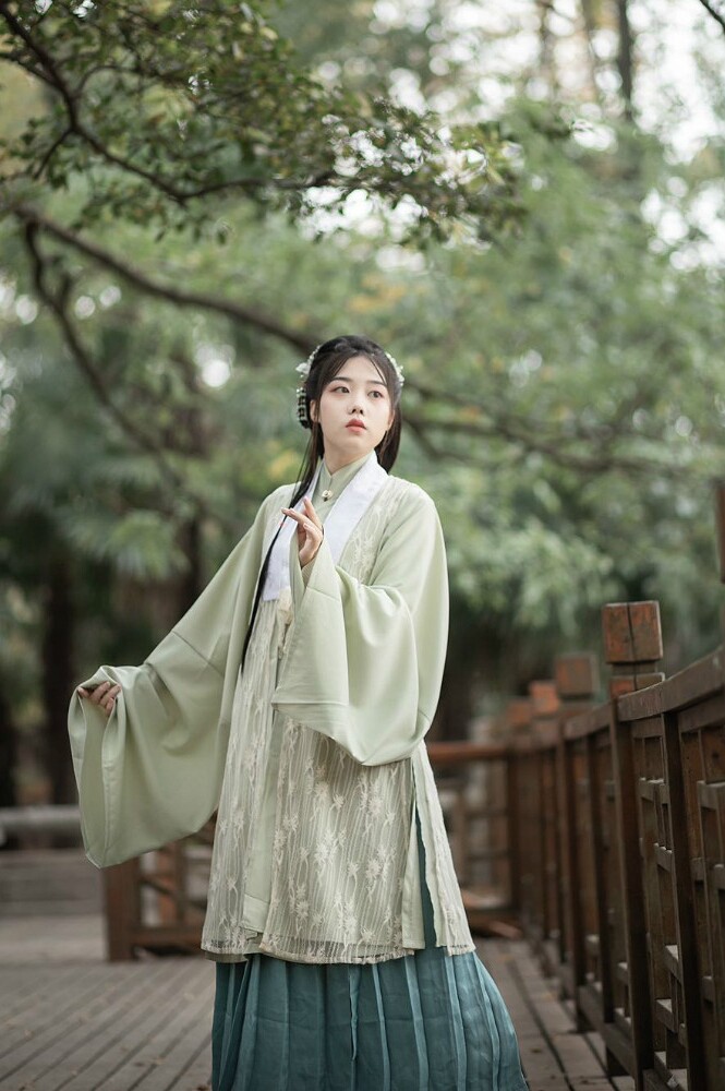 在长安原创汉服汉洋折衷白菜纯色蕾丝长比甲明制汉服春长款薄夏