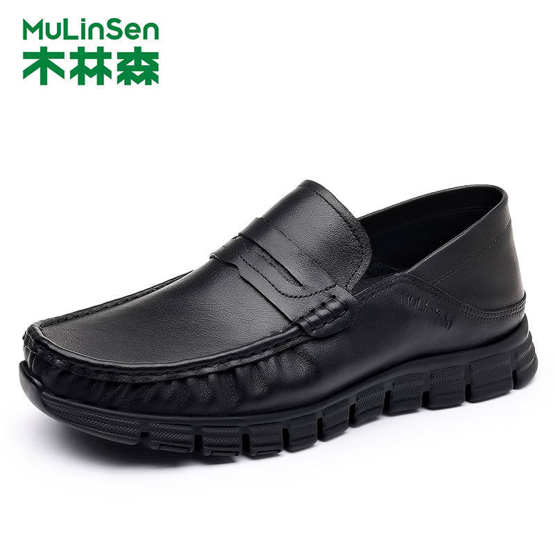 木林森头层牛皮男鞋秋冬一脚蹬商务英伦真皮豆豆鞋子男士休闲皮鞋