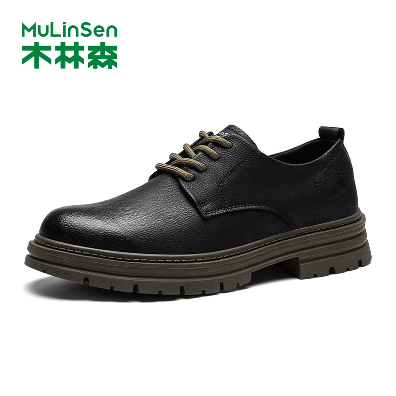 木林森英伦风黑色增高大头皮鞋