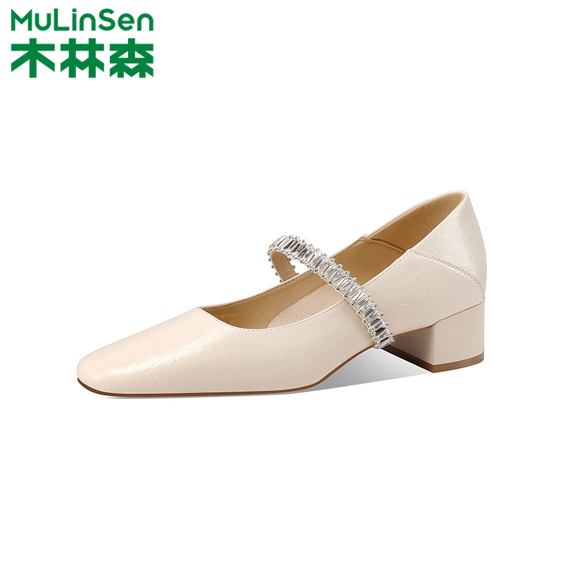 木林森粗跟一脚蹬浅口亮面单鞋